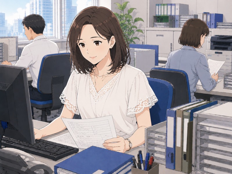 転職後の鉄道業の会社で、契約社員の女性が前職と同じ総務・事務の仕事として書類整理とパソコン作業に取り組む場面。新しい職場のオフィスで、事務職として働き始めた様子を描いた転職後のワンシーン。