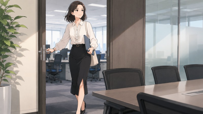 新しい職場の会議室の扉を開け、これから中へ入ろうとする40代女性。レース付きの白いクールビズブラウスと黒のスリットスカートを身にまとい、資料を抱えながら前を見据えている。総務・事務職として正社員登用を目指し、強い意志と前向きな覚悟を感じさせる転職後のワンシーン。