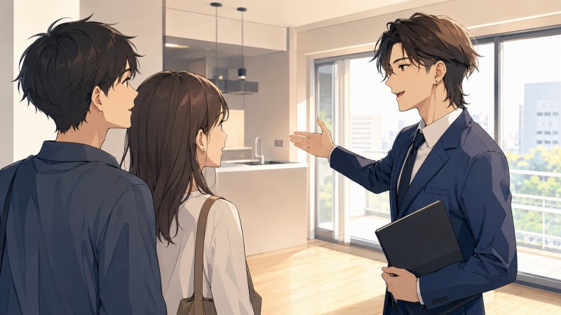 不動産営業として働く20代男性が、明るいマンションの内見で若い夫婦に物件を案内しているシーン。スーツ姿の営業担当が、広いリビングや窓から見える景色を笑顔で説明しながら、お客様の希望に合う住まいを提案している。転職前の不動産営業時代のリアルな接客風景を描いたアニメ調イラスト。