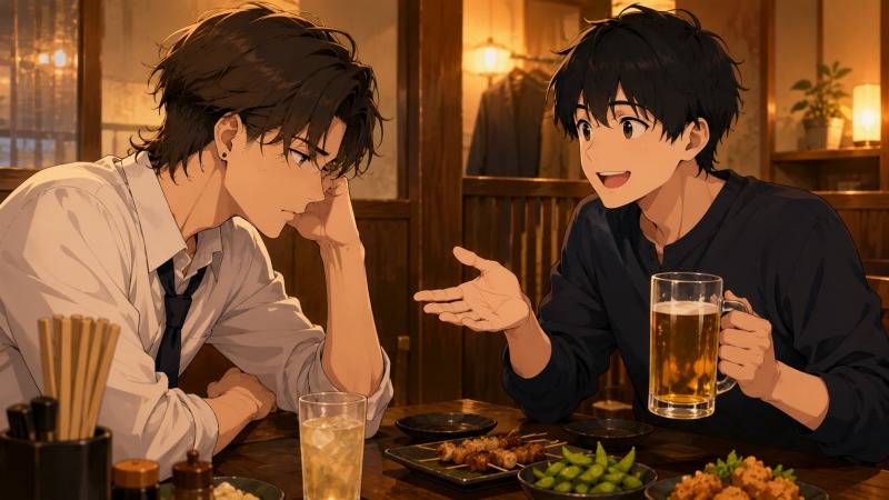 仕事のストレスで疲弊した20代男性が、居酒屋で親しい友人に悩みを打ち明けているシーン。ミディアムロングのツーブロックの青年がうつむき気味に座る一方、向かいの友人は明るい表情で「飲みに行こう」と励ますように話しかけている。転職を考えるきっかけとなった、不動産営業時代の心の支えを描いたアニメ調イラスト。
