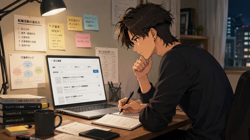 未経験からIT業界への転職を目指す20代男性が、夜の自室で求人情報や業界研究を必死に調べているシーン。ノートパソコンと学習本を前に、真剣な表情でメモを取りながら転職活動を続ける姿を描いたアニメ調イラスト。