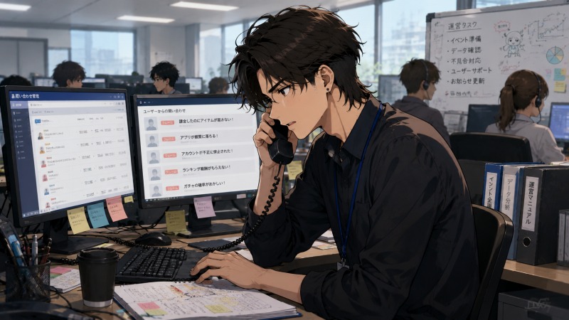 スマホゲーム会社に転職した20代男性が、運用部門のオフィスでユーザーからの問い合わせやクレーム処理に対応しているシーン。複数のモニターや資料に囲まれ、緊張した表情で電話対応をしながらゲーム運営業務に向き合う姿を描いたアニメ調イラスト。