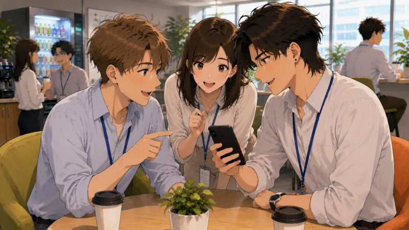 スマホゲーム会社のリフレッシュスペースで、20代男性が同僚とスマホ画面を見せ合いながら、運営中のゲームについて談笑しているシーン。明るい休憩スペースで、転職後に職場へなじみ、同僚と前向きに仕事へ向き合う様子を描いたアニメ調イラスト。