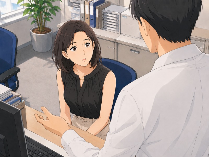 旅行会社の総務デスクで働く契約社員の女性が、上司から鉄道業の会社で働く提案を受け、少し驚きながら見上げている場面。リストラ後の転職先紹介に安堵と戸惑いが混じる転職活動中のワンシーン。