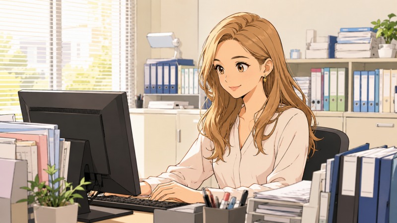 建設会社の一般事務として働く30代女性が、明るいオフィスでパソコンに向かいながら業務に集中している様子。書類やファイルが整った職場で、総務・事務職としてやりがいを感じながら前向きに働いている転職前のシーン。