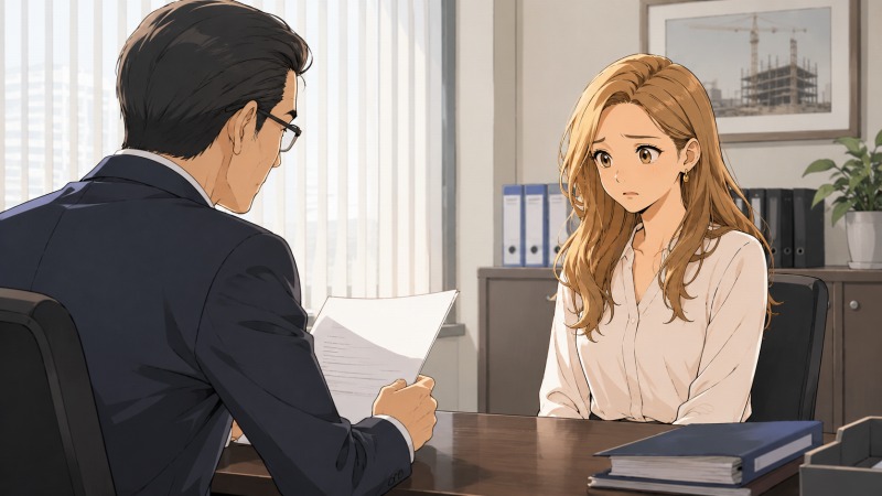 建設会社の会議室で、30代女性の事務職社員が上司から退職勧告を受け、動揺した表情で向き合っているシーン。突然のリストラ通告により、転職を考えるきっかけとなった深刻な場面。