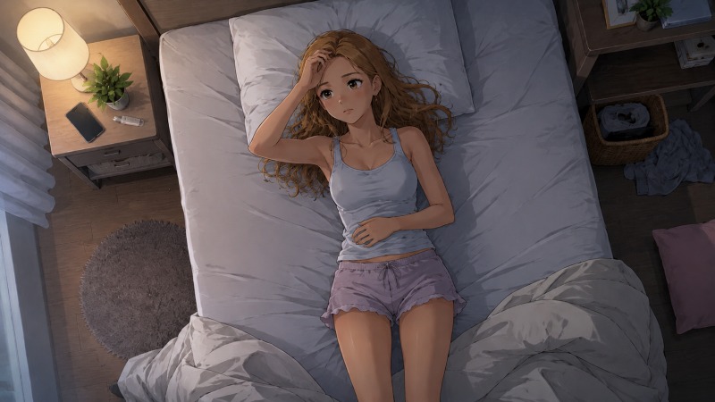 退職勧告を受けた後、自宅の暗い部屋で30代女性がベッドに仰向けになり、不安や将来への迷いを抱えながら天井を見つめているシーン。転職活動への気力を失い、孤独と精神的ショックの中で思い悩む様子を描いている。
