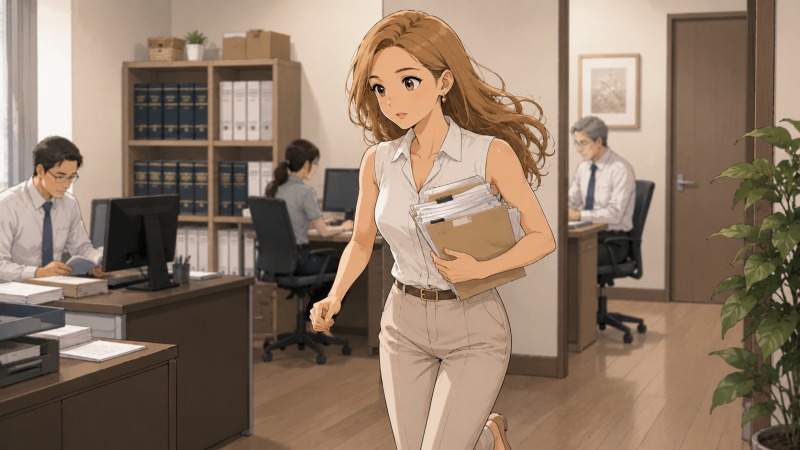 小規模な法律事務所のオフィスで、30代女性の一般事務スタッフが大量の書類を抱えながら小走りで移動しているシーン。クールビズ姿で忙しく働きながらも、法律関係の仕事にやりがいを感じている転職後の日常を描いている。