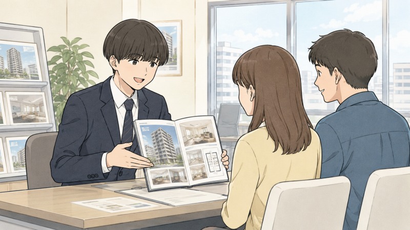 東京の不動産会社で働く男性営業スタッフが、賃貸マンションを探す若い夫婦に物件資料を見せながら丁寧に説明しているシーン。明るい店舗内で笑顔の接客を行い、不動産営業として顧客対応に励む転職前の様子を描いたイラスト。