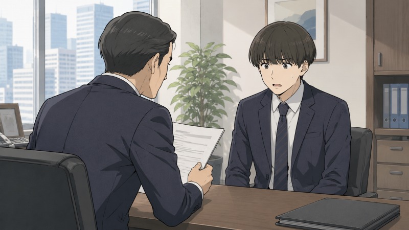 リストラ後の転職活動に不安を抱える男性が、自宅のリビングで妻から励まされて勇気づけられているシーン。家族の支えを受けながら再就職に向き合う転職体験談の場面を描いたイラスト。