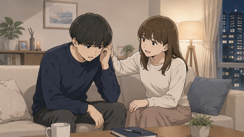 休日に妻と奥多摩へドライブデートに出かけ、街道沿いの新緑と山並みを眺めながら笑顔で会話する夫婦のシーン。転職後に日常の穏やかさを取り戻した男性の様子を描いたイラスト。