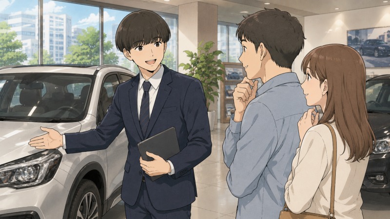 不動産会社の会議室で、業績悪化により上司から退職勧告を受けた男性営業職が、突然のリストラ宣告に動揺しているシーン。窓の外に東京のビル街が見える重い空気の面談場面を描いたイラスト。