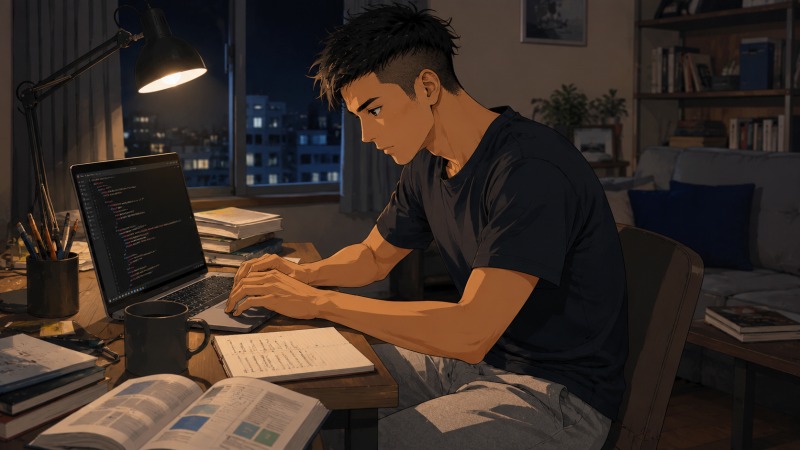 深夜の自宅で、男性がTシャツとスウェットパンツ姿でノートパソコンに向かい、HTMLやCSSなどのWebプログラミングを独学している様子。飲食業からIT業界への転職を目指し、疲れを感じながらも集中して学習を続ける場面を描いたアニメ風イラスト。