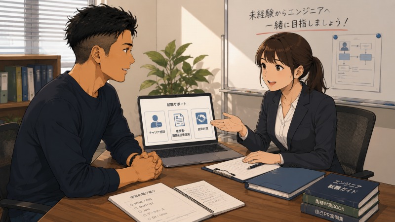 スクール受講後、男性がキャリアアドバイザーから未経験エンジニア向けの就職サポートを受けている様子。面談室で転職相談や面接対策について説明を受け、IT業界への転職に向けて前向きに準備している場面を描いたアニメ風イラスト。