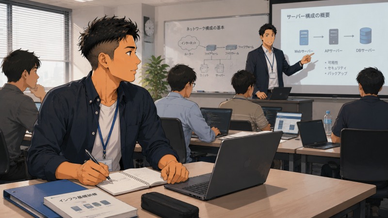 IT企業へ転職した男性が、入社後の外部研修でインフラエンジニアの基礎を学んでいる様子。研修室では講師がサーバーやネットワーク構成について説明し、受講者たちはノートパソコンや資料を使いながら真剣に学習している。未経験からIT業界に挑戦する転職直後の場面を描いたアニメ風イラスト。