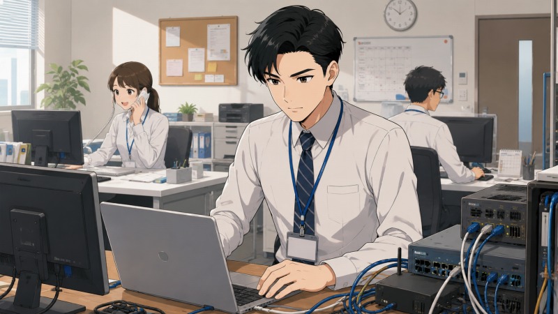 家電量販店の店内で、光回線販売と社内ITシステム管理を兼務する男性社員が、ネットワーク機器や配線に囲まれながら真剣な表情でパソコン作業を行っている様子。周囲では接客スタッフが来店客にインターネット回線サービスを案内しており、ITサポートと販売業務を両立していた転職前の働き方を表現したシーン。