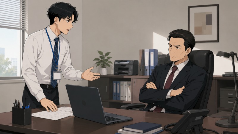 小規模オフィスの社長室で、社内ITシステム担当の男性がコンプライアンス違反について真剣に意見を伝えているシーン。デスク越しに説明する主人公に対し、社長は腕を組み不機嫌そうな表情を浮かべている。違法行為を見逃さず、自身の信念を貫こうとした転職前の重要な場面を表現している。