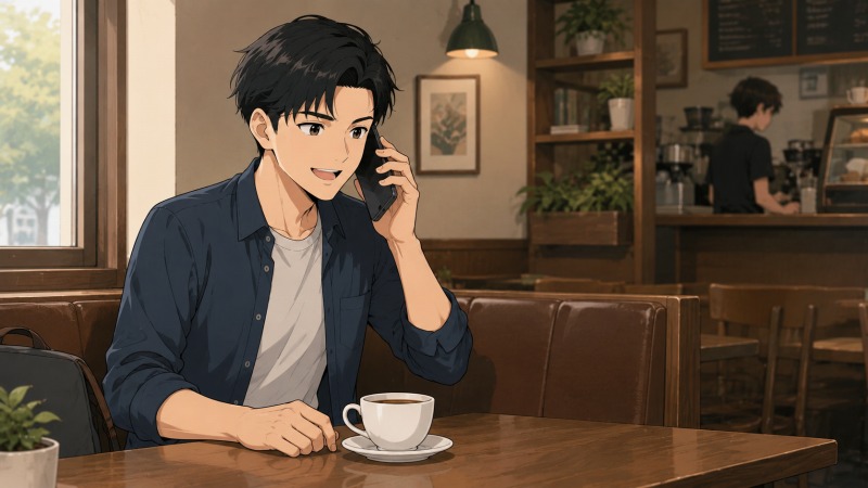 転職活動中の男性が、落ち着いた喫茶店でスマートフォンを使って取引先担当者と通話しているシーン。カジュアルな服装でコーヒーを前にしながら、システム構築関連の新しい求人を紹介され、IT業界への転職の希望を感じている様子を表現している。