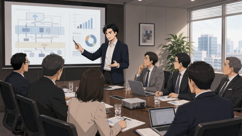 ITアーキテクトとして経営企画会議に参加した男性が、大型スクリーンにシステム構成図や業務改善データを投影しながら、役員や管理職に向けて改善提案を説明しているシーン。会議室には複数の幹部社員が真剣な表情で耳を傾けており、転職後に上流工程や業務改善で信頼を得ていった様子を表現している。