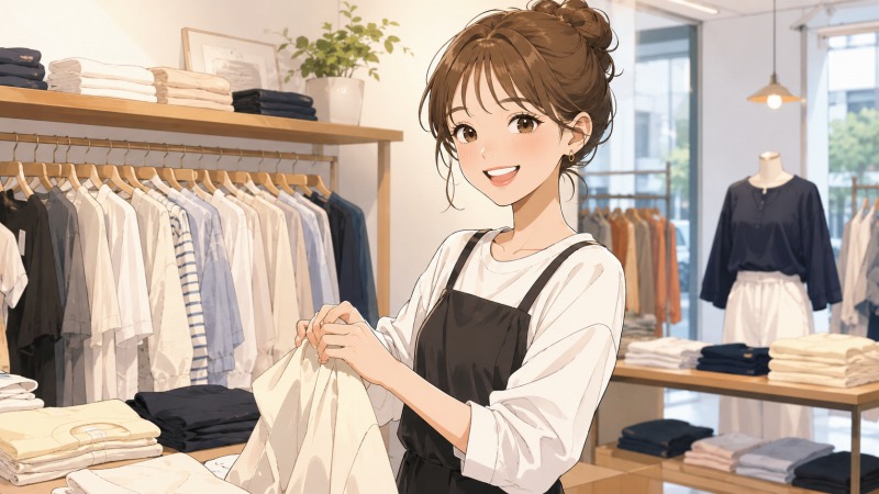 大学時代の女性がアパレルショップでアルバイトをしながら、笑顔で洋服を整理しているシーン。店内には整然と並んだ衣類や自然光が差し込み、ファッションが好きな学生時代の充実した日常と、アパレル業界への憧れが伝わるイラスト。