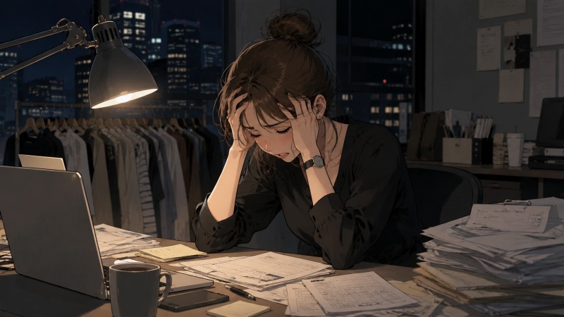 深夜のアパレル事務所で、若い女性販売員がデスクに座りながら頭を抱えているシーン。書類やパソコンが散乱したオフィスには疲弊した空気が漂い、窓の外には夜の都市風景が広がる。長時間労働とストレスに限界を感じ、「もう無理、耐えられない」と転職を決意する直前の心情を表現したイラスト。