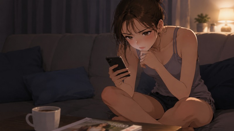夜の自宅リビングで、若い女性がソファに座りながらスマートフォンで転職求人を真剣に探しているシーン。ラフな部屋着姿で前かがみになり、ECサイト運営やWebディレクター職への転職を意識しながら情報収集している様子が描かれている。仕事のストレスから環境を変えたい気持ちと、次のキャリアを模索する20代女性の転職活動を表現したイラスト。