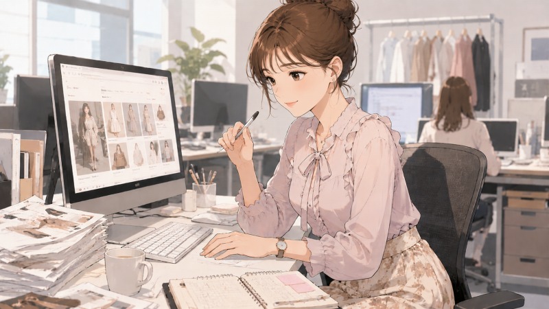 アパレルECサイト運営会社のオフィスで、20代女性のWebディレクターがPC画面を見ながら真剣に業務へ取り組んでいるシーン。フェミニンなブラウスと花柄スカートを着用し、商品ページやファッション画像を確認しながら企画・運営作業を進めている。明るく落ち着いた職場環境の中で、ECサイト制作やアパレル商品の魅力発信に集中している様子を描いたイラスト。