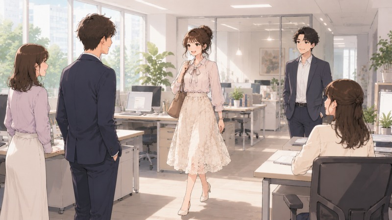 朝のアパレルECサイト運営会社のオフィスで、20代女性のWebディレクターが明るい表情で出勤するシーン。フェミニンなブラウスとミニスカート姿でオフィスを歩き、周囲の同僚たちも自然な笑顔で迎えている。大きな窓から光が差し込む開放的な職場環境の中で、転職後にワークライフバランスが改善され、前向きに働けるようになった様子を描いたイラスト。
