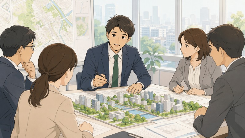 都市計画コンサルタントとして働く男性が、行政や民間企業の担当者とともに都市模型を囲みながら地域開発の打ち合わせをしている様子。再開発や地域活性化に向けた都市計画の現場を、明るいオフィス空間と協働的な雰囲気で描いたイラスト。