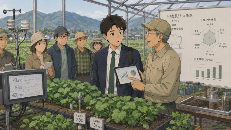 有機農法の見学会で、男性が農業指導者から土壌分析や収量データ、温湿度管理などを使った科学的な農業の説明を受け、未経験の農業に新しい可能性を感じている場面。