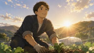 夕暮れの畑で、男性が汗を流しながら土に触れ、苗を植えている様子を逆光の構図で描いたイラスト。農業研修を通じて大地と向き合う心地よさを実感し、未経験から農業への転職を選んで良かったと感じている場面。