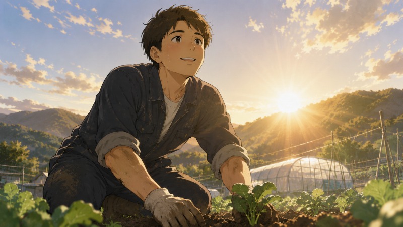夕暮れの畑で、男性が汗を流しながら土に触れ、苗を植えている様子を逆光の構図で描いたイラスト。農業研修を通じて大地と向き合う心地よさを実感し、未経験から農業への転職を選んで良かったと感じている場面。