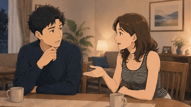 転職活動に悩む男性が、自宅の食卓で妻から静岡へのUターンを提案され、驚きながらも救われたように耳を傾けているシーン。