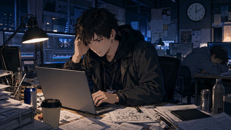月150時間の残業が続く広告制作会社の深夜オフィスで、疲れた26歳男性の制作進行担当が、散らかった絵コンテや資料に囲まれながらPC作業を続けているイラスト。