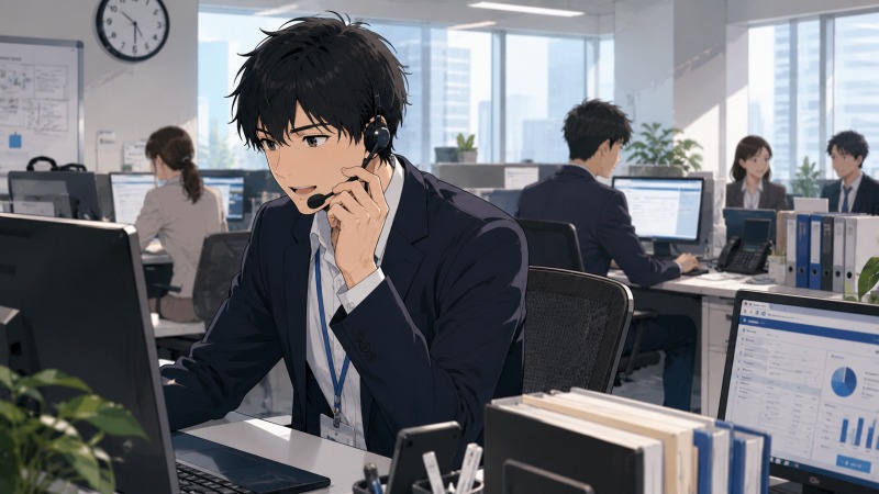 未経験からIT法人営業へ転職した26歳男性が、明るく整ったオフィスでヘッドセットを付けて営業電話をしているイラスト。残業の少ない新しい職場環境と、慣れない営業職に前向きに挑む姿を表現している。