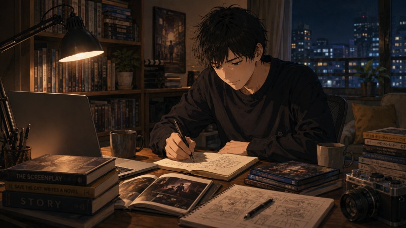 IT法人営業へ転職して残業が減った26歳男性が、夜の自宅で映画や小説に囲まれながら、自分の物語を書き始めているイラスト。仕事後に創作へ向き合う穏やかな時間と、人生を取り戻していく前向きな変化を表現している。