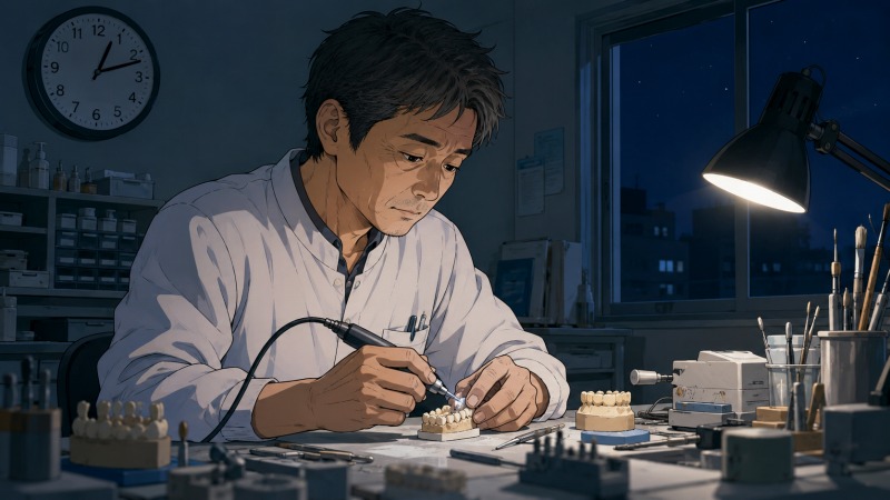 深夜の歯科技工所で、40代男性の歯科技工士が疲れた表情で歯の模型を加工している。家族を養う責任感と長時間労働の孤独が伝わる転職前の仕事風景。