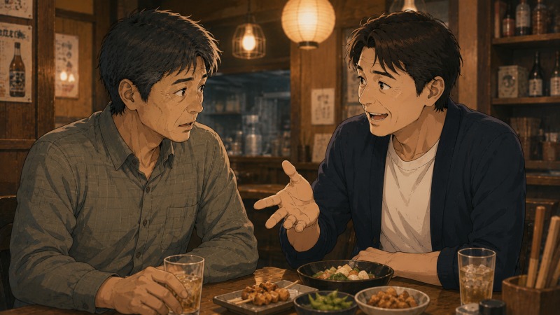 夜の居酒屋で、40代男性の歯科技工士が同業者から転職の誘いを受けて驚いている。長い転職活動の不安の中で希望の光が差した場面。