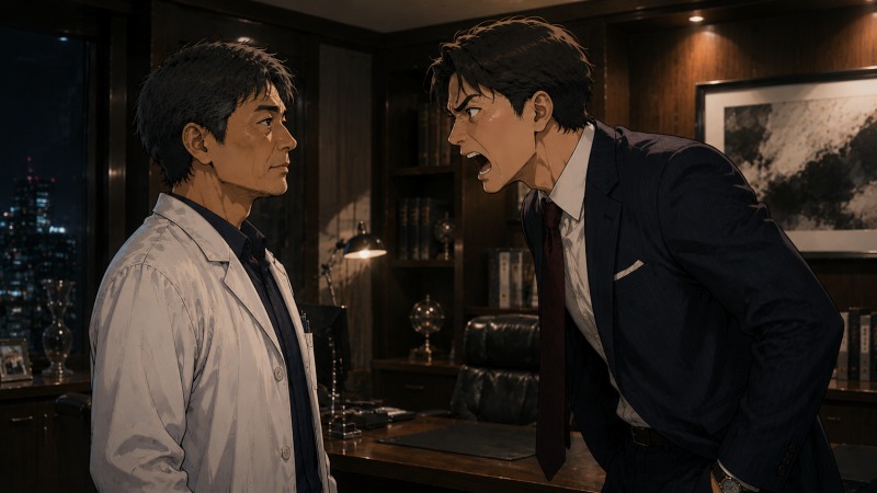 退職を告げた歯科技工所で、若社長が40代男性の歯科技工士を激しく責め、主人公は静かに受け止めている。理不尽な言葉をきっかけに転職への覚悟が固まる決別の場面。