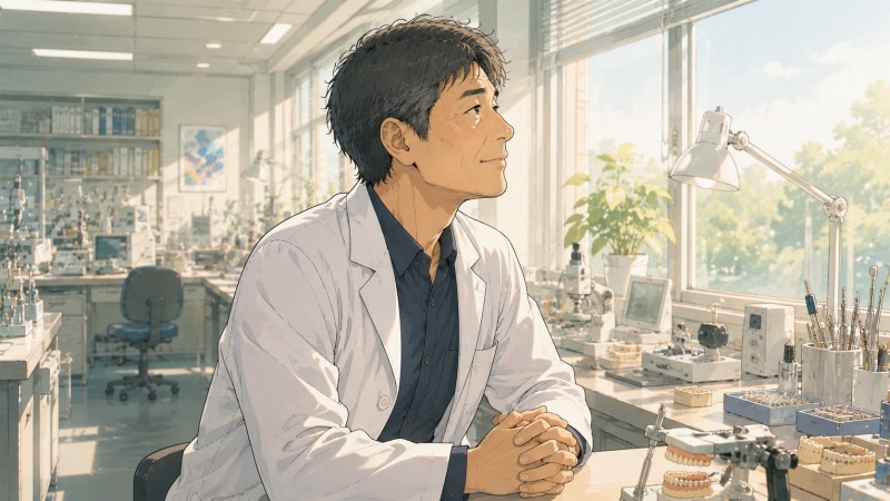 新しい歯科技工所で、40代男性の歯科技工士が朝日差し込む作業室の中で穏やかな表情を見せている。人間関係に恵まれた転職後の安心感と、新たな決意を描いたシーン。
