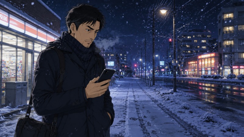 雪が降る北海道の夜道で、37歳男性がスマートフォンでパチンコ業界の正社員求人を探している。不眠と孤独を抱えながらも、管理職経験を活かして転職し再スタートしようとする姿。