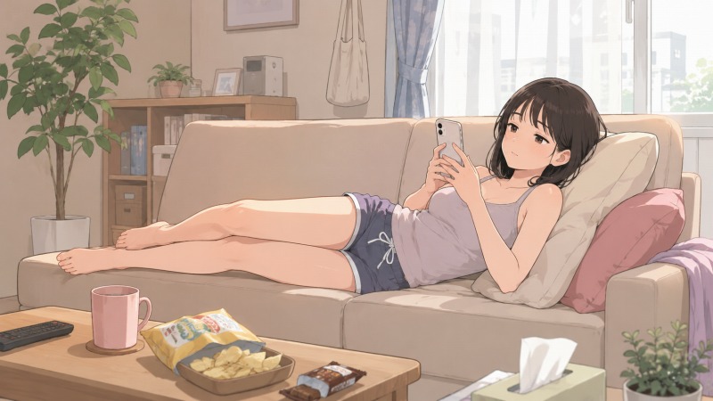 休日の昼、タンクトップとホットパンツ姿の30歳女性が自宅のソファでスマホを見ながらくつろぐ、転職前の一般事務職時代の穏やかな日常を描いたイラスト。