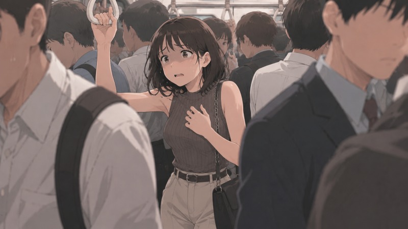 朝の満員電車でパニック発作に苦しむ30歳女性会社員のイラスト。アズール バイ マウジー風の落ち着いたオフィスカジュアルを着た一般事務職の女性が、通勤ラッシュの圧迫感の中で動悸と息苦しさに耐えている転職前のシーン。