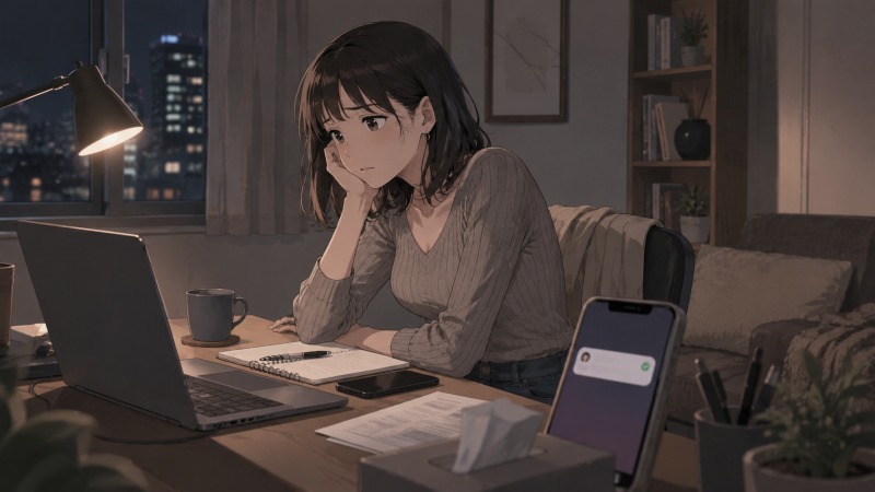 夜の自宅で転職活動を進める30歳女性のイラスト。退職を伝えた後、転職先が未定の不安を抱えながら、ノートPCと書類を前に将来を考える一般事務職の女性を描いたシーン。