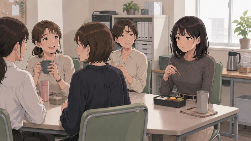転職後の小規模オフィスで昼休みを過ごす30歳女性のイラスト。年上社員たちの会話に少し緊張しながらも、新しい職場に馴染もうとしている一般事務職の女性を描いたシーン。
