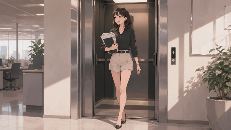エレベーターから書類を抱えて颯爽と歩き出す30歳女性会社員のイラスト。アズール バイ マウジー風の洗練されたオフィスカジュアルを着た一般事務職の女性が、忙しさの中にも仕事のやりがいと前向きな成長を感じているシーン。