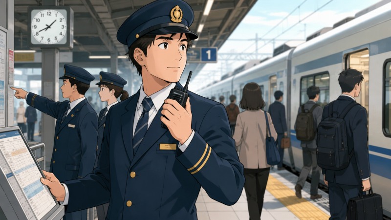 駅長として働く31歳男性が、朝の駅ホームで無線機を手に乗客対応とスタッフへの指示を行う、鉄道会社からすし職人へ転職する前の責任感ある日常を描いたイラスト。