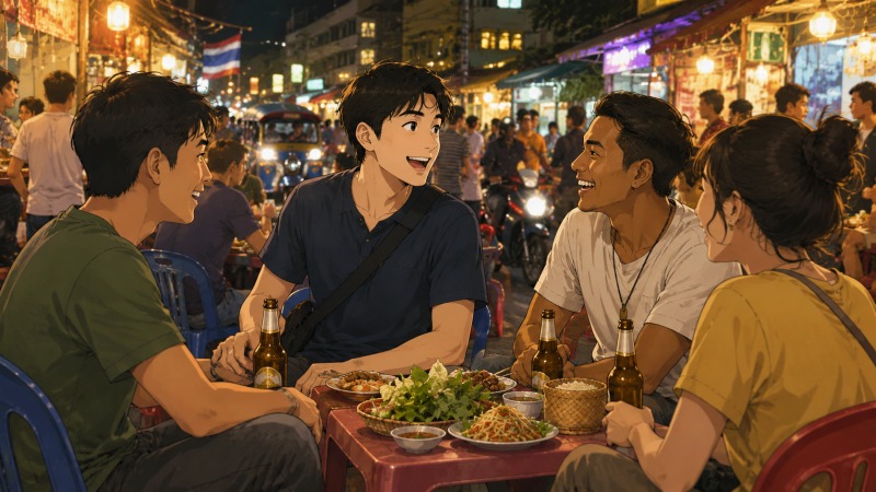 東南アジアの夜市で31歳男性が現地の友人たちと食事を囲み、海外で生活したいという思いを強める転職前の一人旅の情景を描いたイラスト。