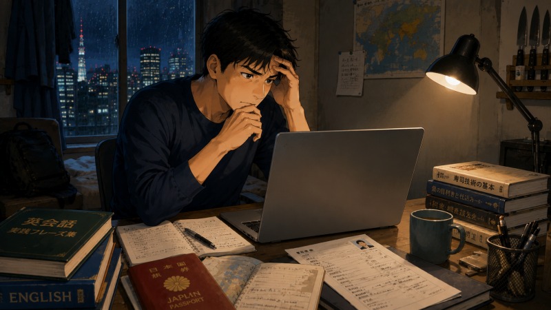 深夜の一人暮らしの部屋で31歳男性が海外の寿司職人求人を探し、パスポートや英語教材を前にVISAや経験不足の壁に悩む転職活動中の姿を描いたイラスト。
