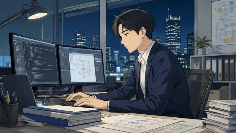 大企業の夜のオフィスで、32歳の男性SEが東京の夜景を背に複数モニターでシステム開発を進め、社会を支える仕事への誇りと達成感を静かに感じているイラスト。